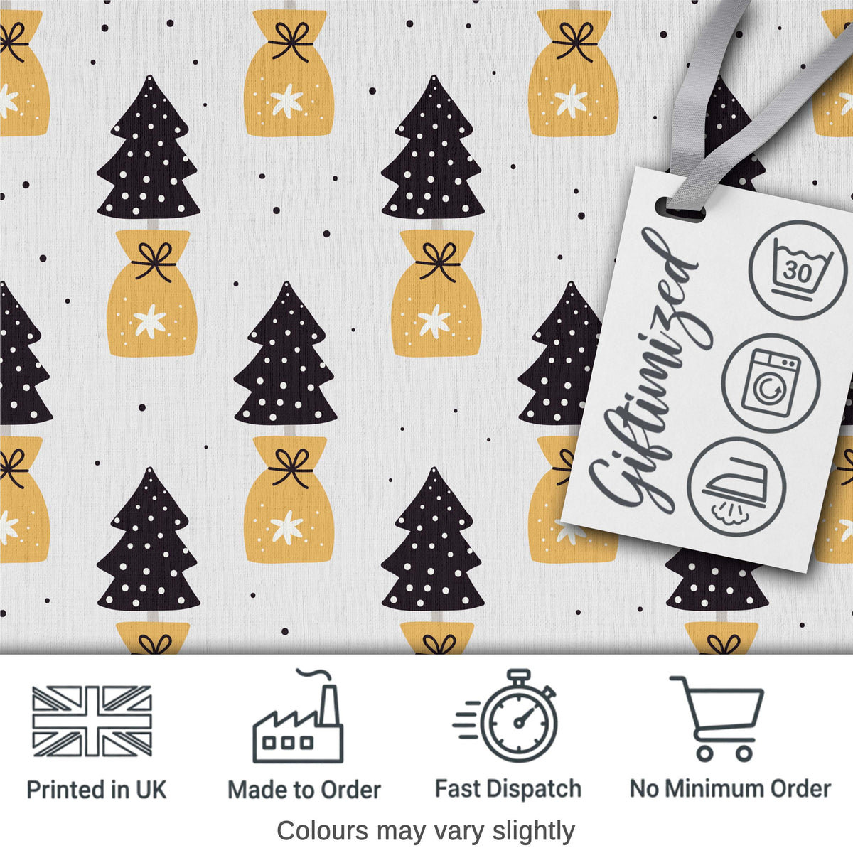 Black Christmas Trees and Gift Bags Seamless Pattern Modern Holiday Design Digital Print Fabric by the Metre UK Sewing Quilting Textile