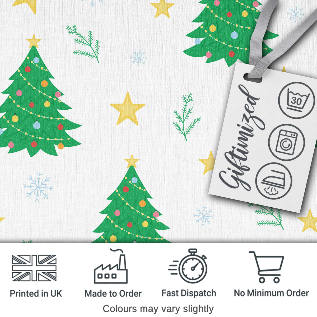 Decorated Christmas Trees with Stars and Snowflakes Bright Holiday Theme Digital Print Fabric by the Metre UK Sewing Quilting Textile