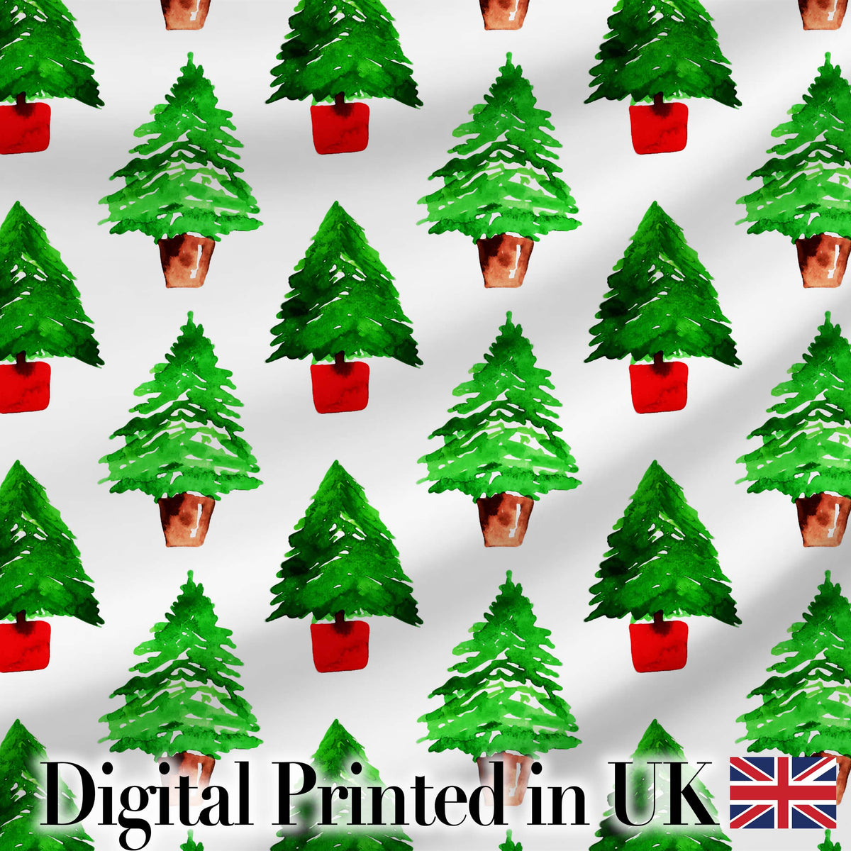Watercolor Christmas Trees in Pots Hand Painted Seamless PatternFabric Digital Print Fabric by the Metre UK Sewing Quilting Textile