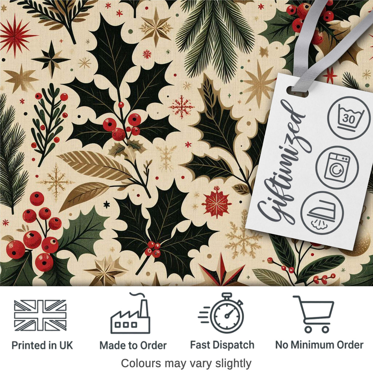 Elegant Christmas Holly Leaves with Berries and Stars Festive Vintage Design Digital Print Fabric by the Metre UK Sewing Quilting Textile