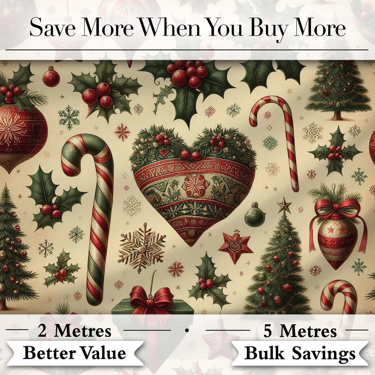Vintage Christmas Ornaments Holly Berries, Candy Canes Classic Holiday Design Digital Print Fabric by the Metre UK Sewing Quilting Textile