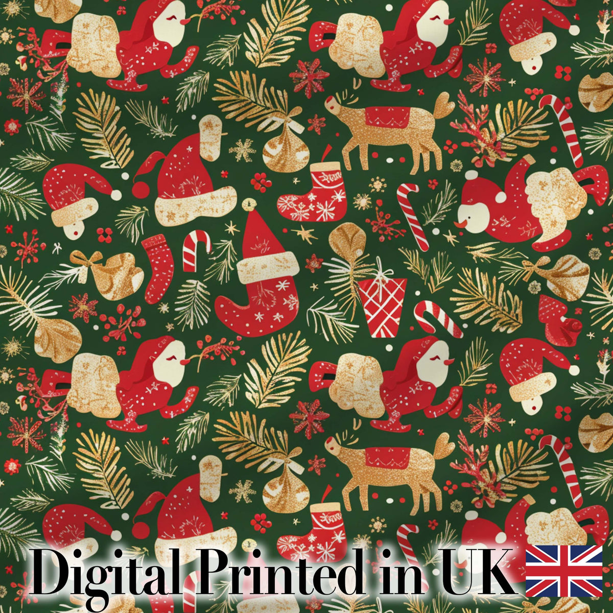 Festive Santa Reindeer Socks and Candy Canes Christmas Green Background Design Digital Print Fabric by the Metre UK Sewing Quilting Textile