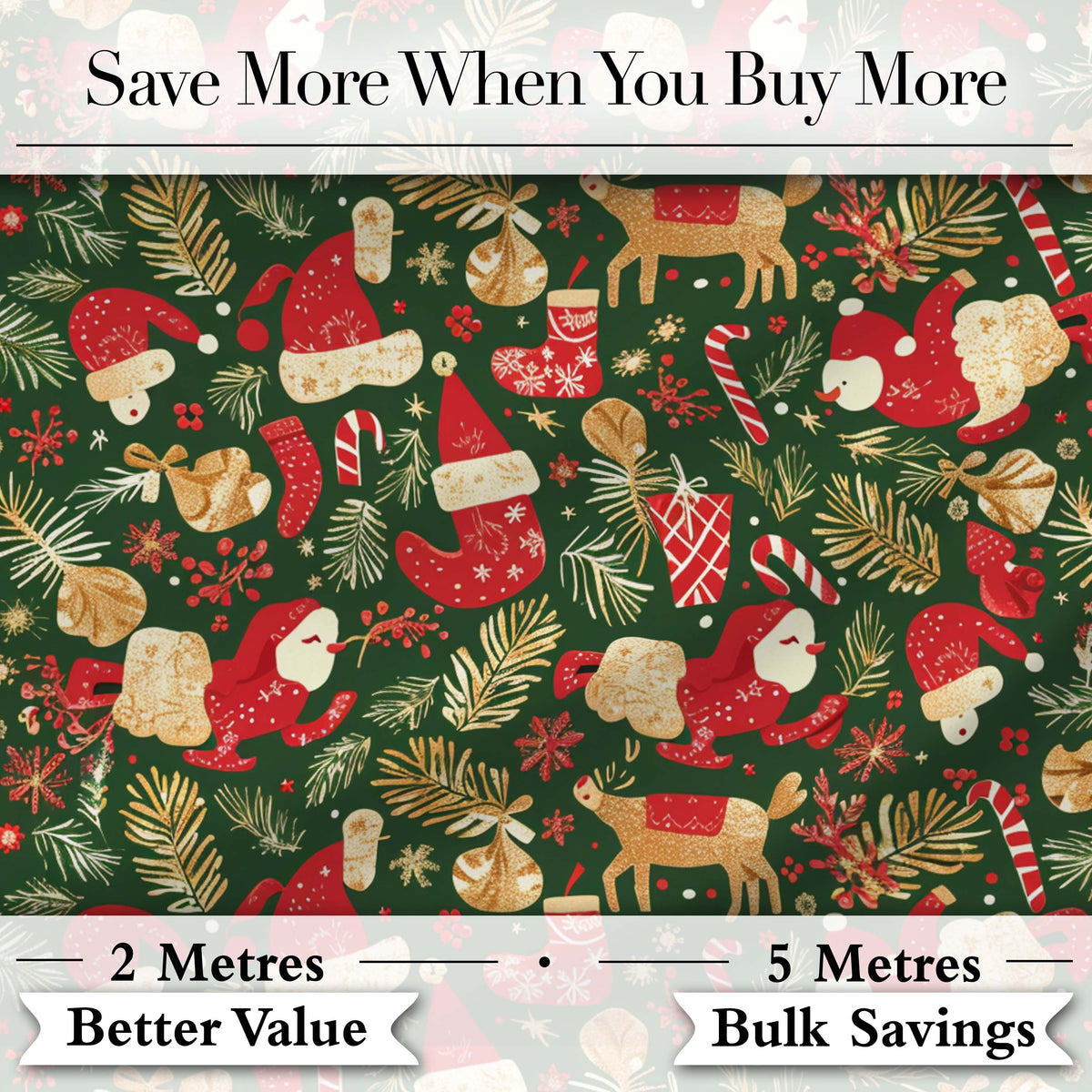 Festive Santa Reindeer Socks and Candy Canes Christmas Green Background Design Digital Print Fabric by the Metre UK Sewing Quilting Textile