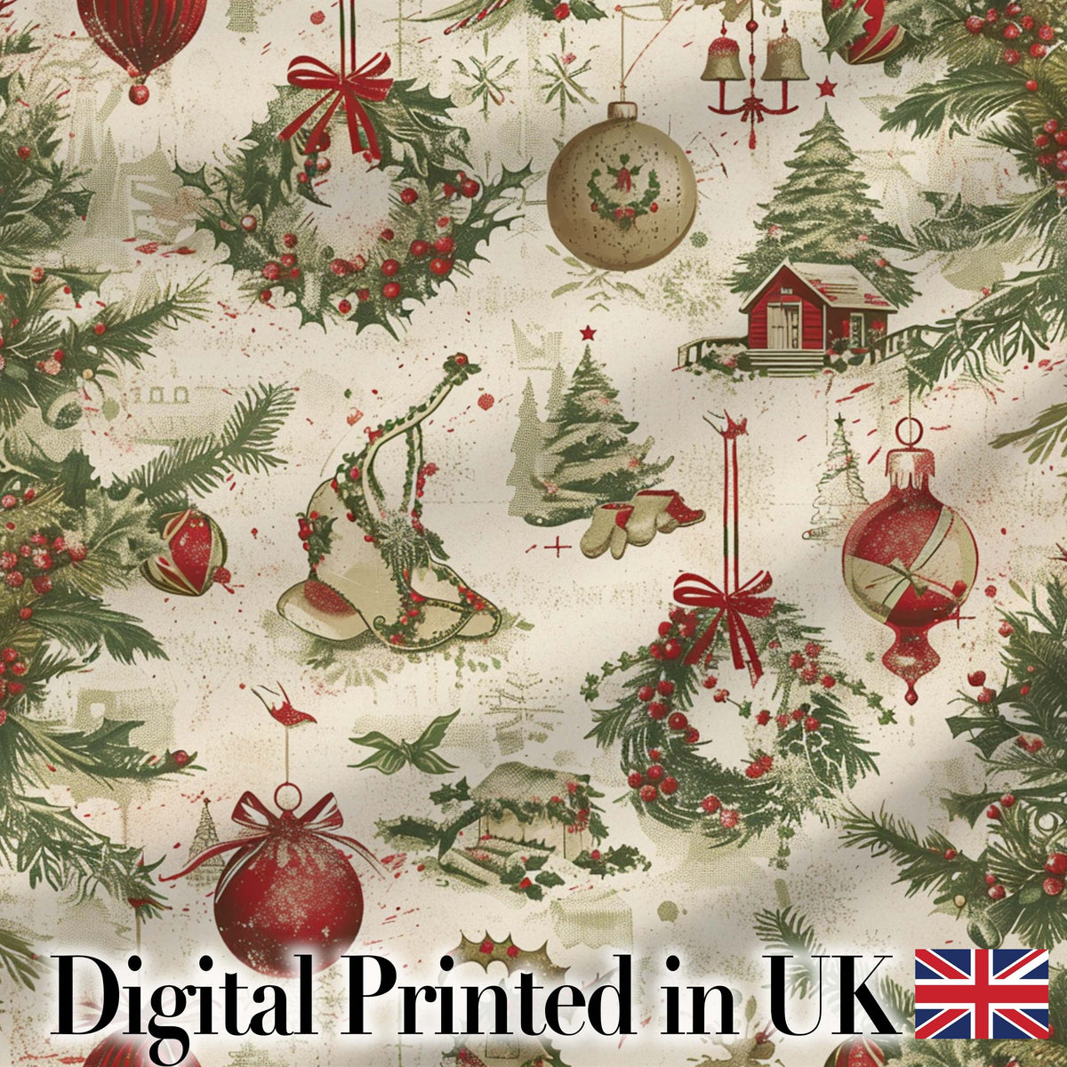 Vintage Christmas Wreaths Bells Baubles Seamless Pattern Festive Holiday Design Digital Print Fabric by the Metre UK Sewing Quilting Textile