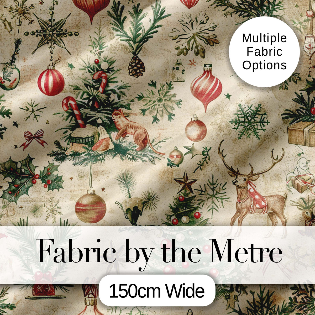Vintage Woodland Christmas Tree Animals Ornaments Holiday Design Digital Print Fabric by the Metre UK Sewing Quilting Textile