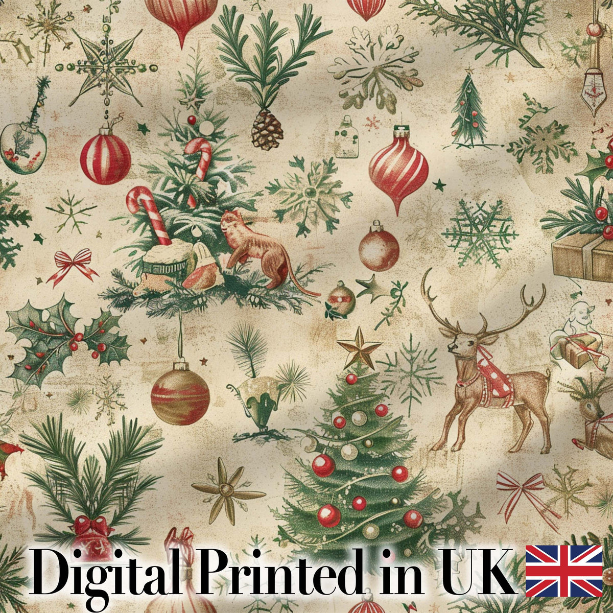 Vintage Woodland Christmas Tree Animals Ornaments Holiday Design Digital Print Fabric by the Metre UK Sewing Quilting Textile
