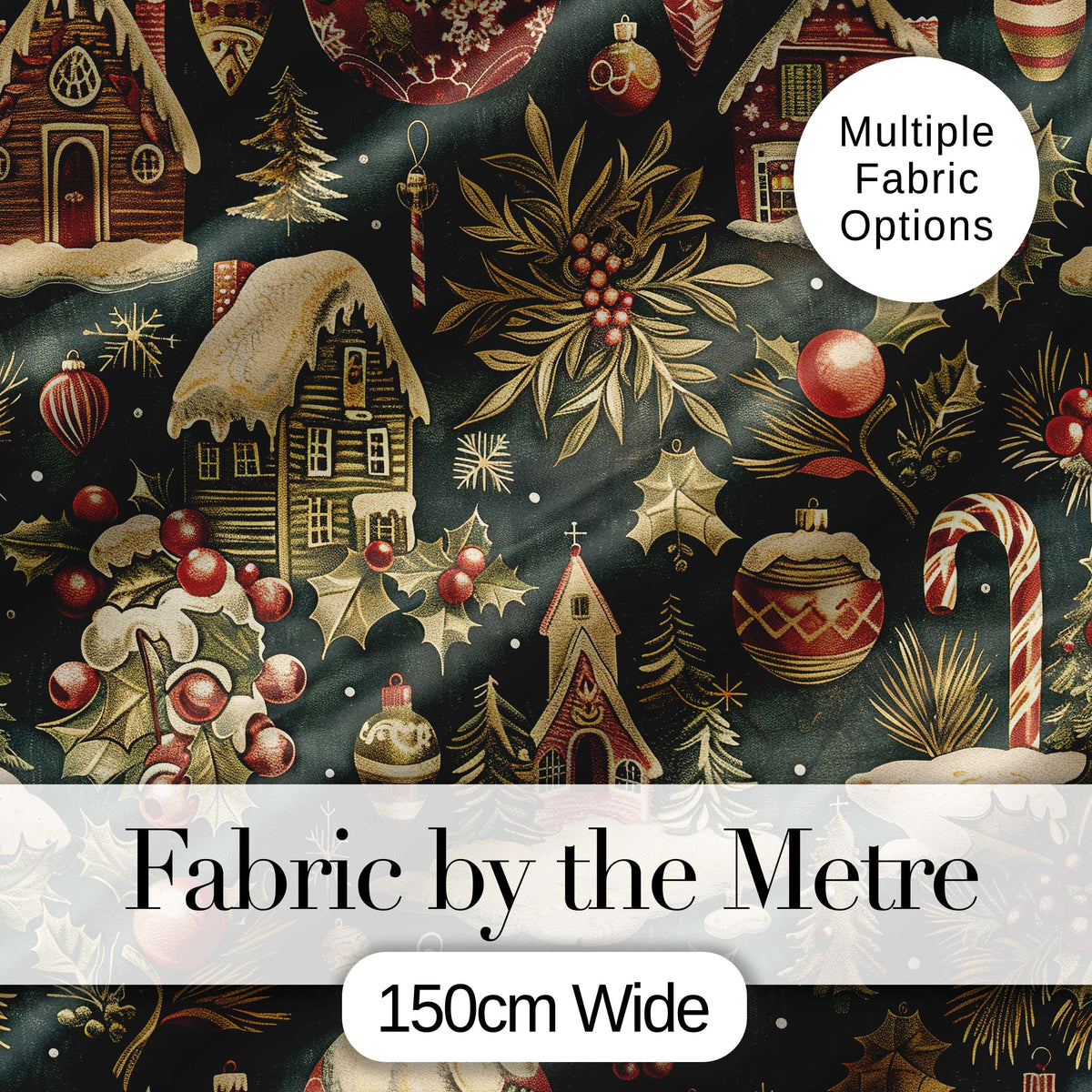 Vintage Winter Village Houses Snowy Christmas Seamless Pattern Festive Design Digital Print Fabric by the Metre UK Sewing Quilting Textile