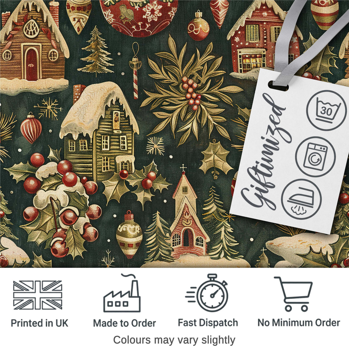 Vintage Winter Village Houses Snowy Christmas Seamless Pattern Festive Design Digital Print Fabric by the Metre UK Sewing Quilting Textile