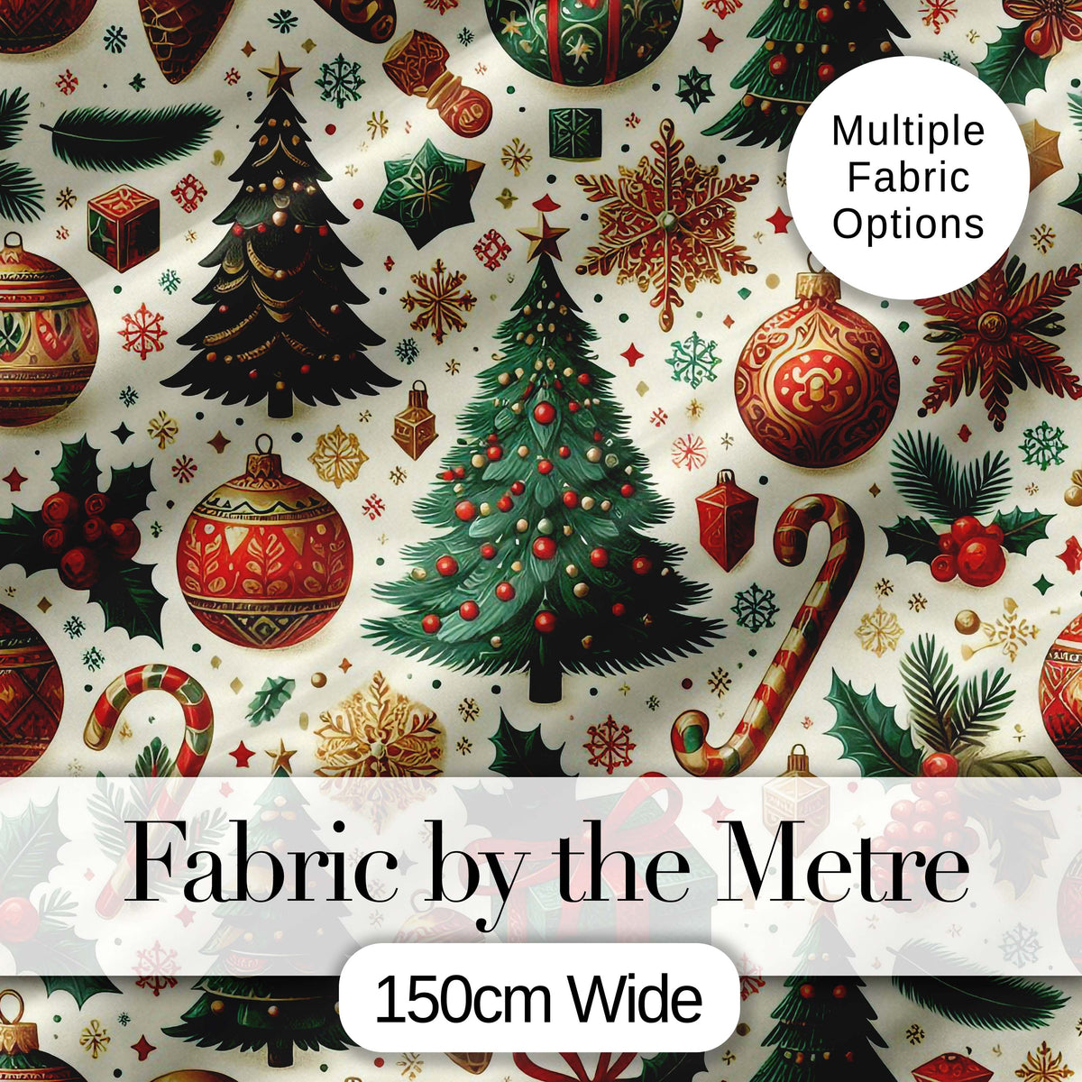 Traditional Christmas Tree Ornaments Candy Canes Festive Design Digital Print Fabric by the Metre UK Sewing Quilting Textile