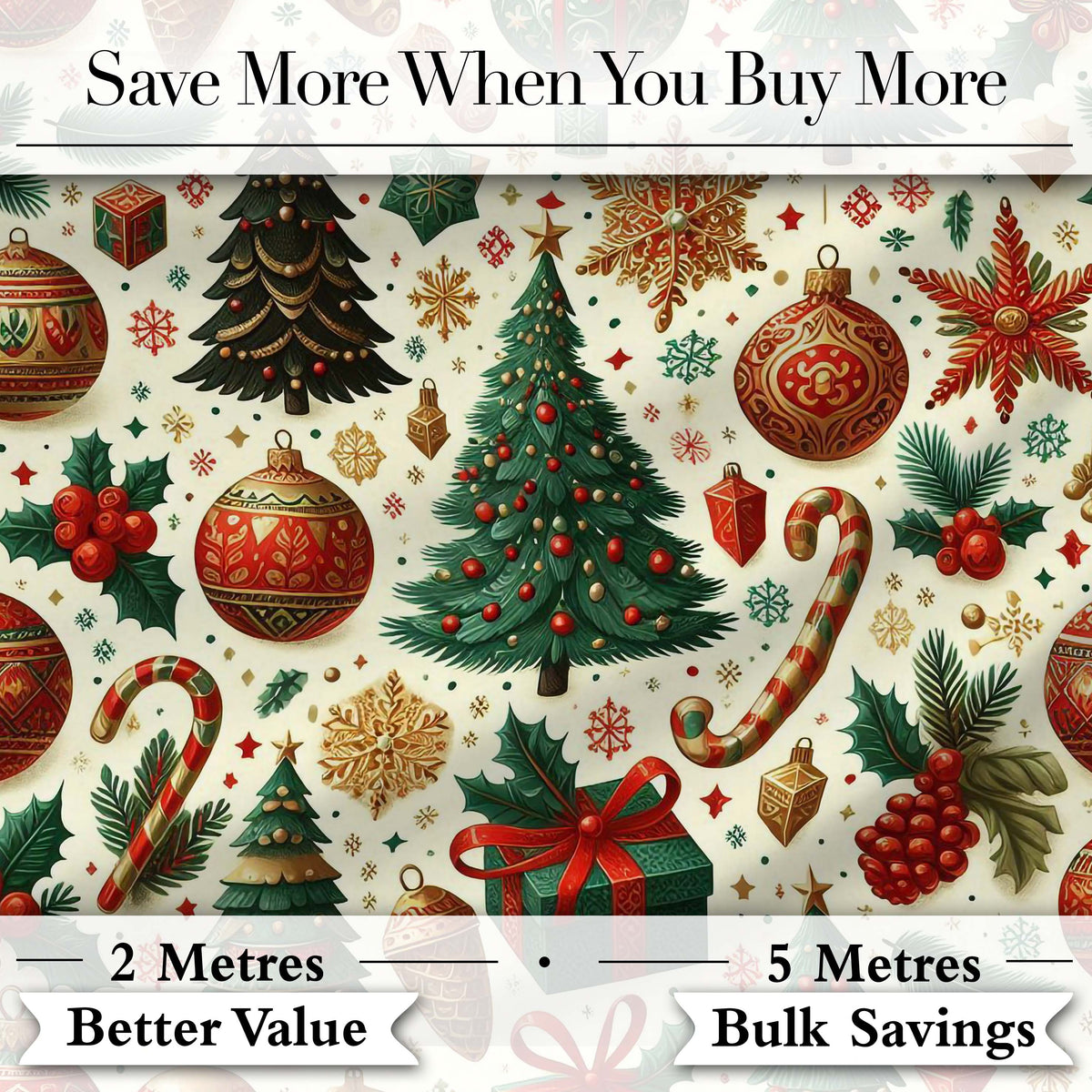 Traditional Christmas Tree Ornaments Candy Canes Festive Design Digital Print Fabric by the Metre UK Sewing Quilting Textile