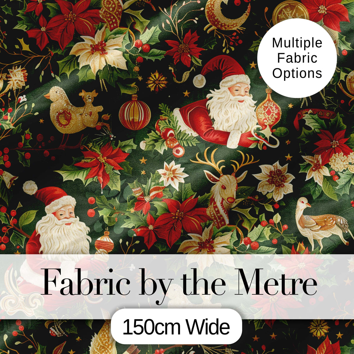 Vintage Santa Claus Reindeer Poinsettia Seamless Pattern Festive Design Digital Print Fabric by the Metre UK Sewing Quilting Textile
