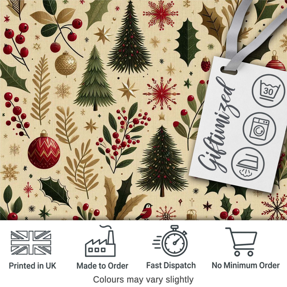 Vintage Christmas Trees Holly Berries Baubles Festive Holiday Design Digital Print Fabric by the Metre UK Sewing Quilting Textile