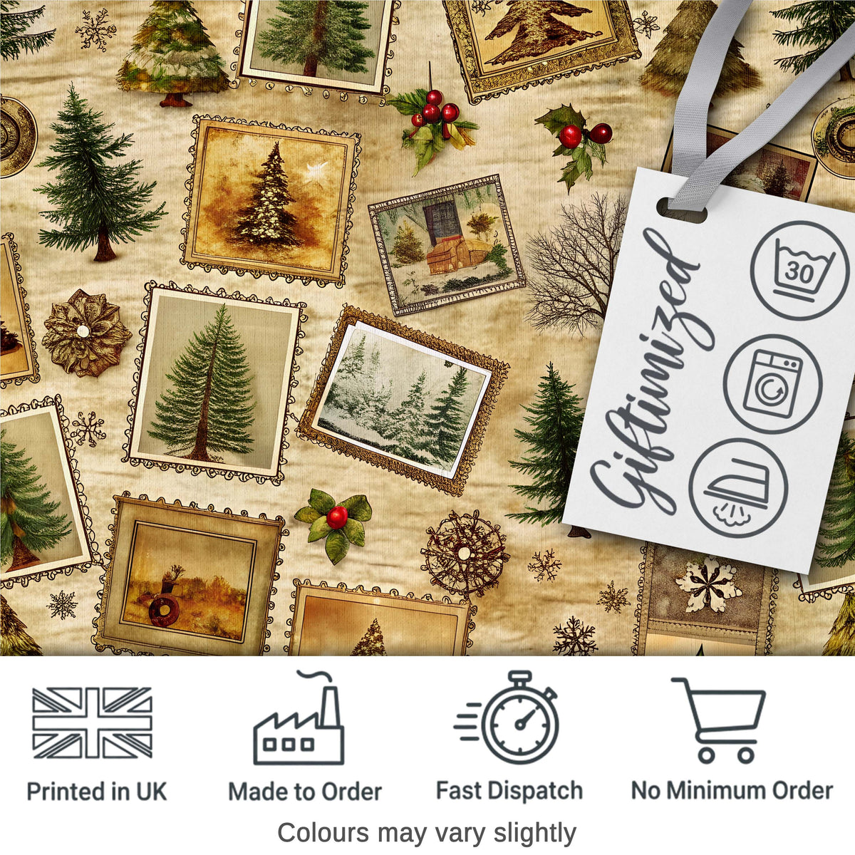 Vintage Framed Christmas Tree Illustrations Rustic Festive Holiday Design Digital Print Fabric by the Metre UK Sewing Quilting Textile