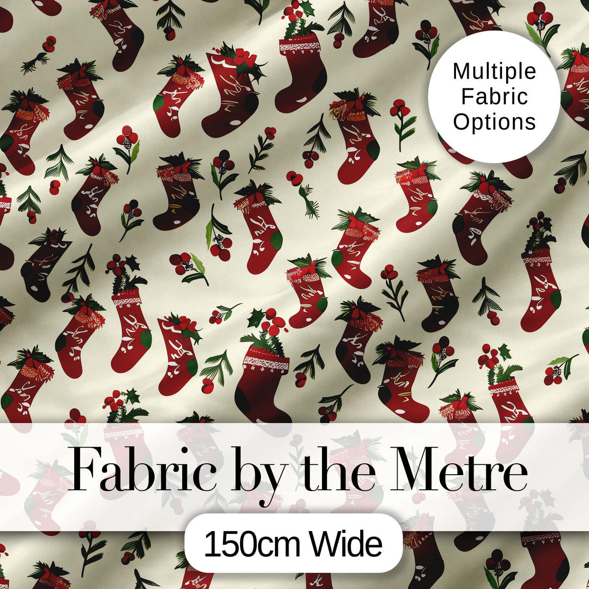 Christmas Stockings Holly Berries Seamless Pattern Festive Holiday Design Digital Print Fabric by the Metre UK Sewing Quilting Textile
