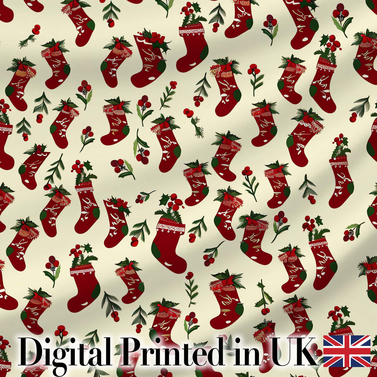 Christmas Stockings Holly Berries Seamless Pattern Festive Holiday Design Digital Print Fabric by the Metre UK Sewing Quilting Textile