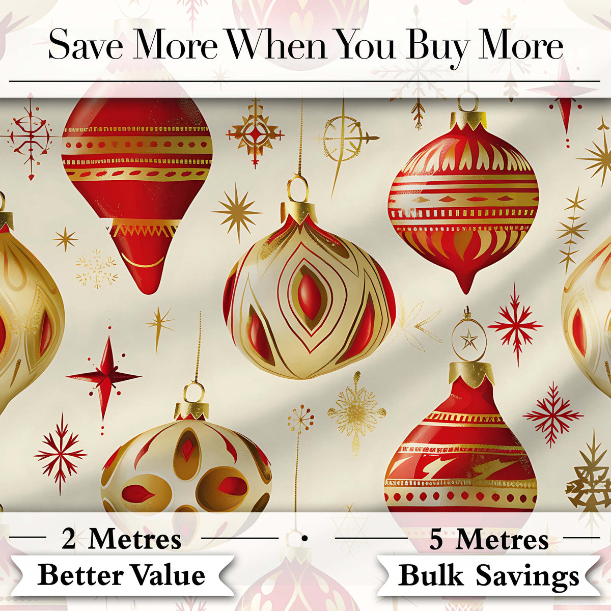 Elegant Red Gold Christmas Baubles Snowflakes Festive Holiday Design Digital Print Fabric by the Metre UK Sewing Quilting Textile