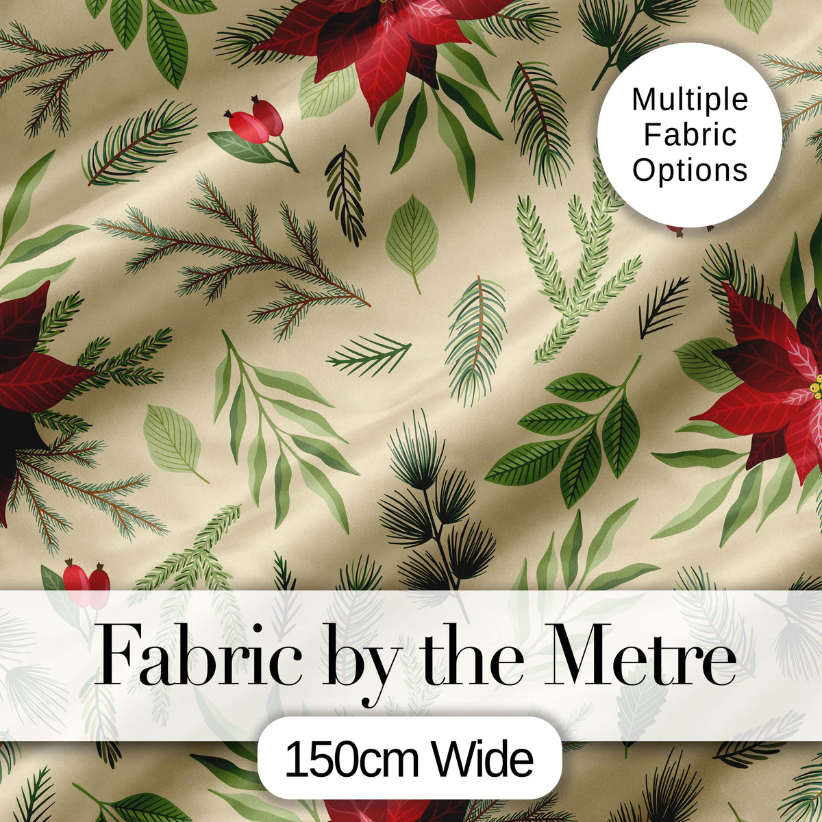 Minimal Christmas Botanical Leaves Pine Branches Festive Holiday Design Digital Print Fabric by the Metre UK Sewing Quilting Textile
