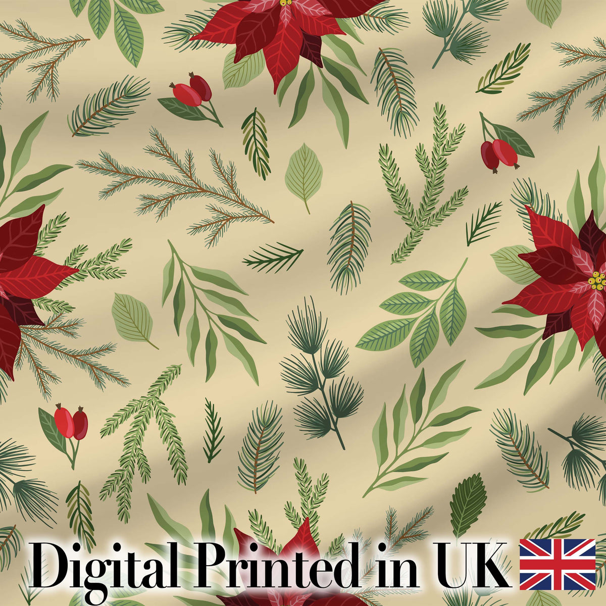 Minimal Christmas Botanical Leaves Pine Branches Festive Holiday Design Digital Print Fabric by the Metre UK Sewing Quilting Textile