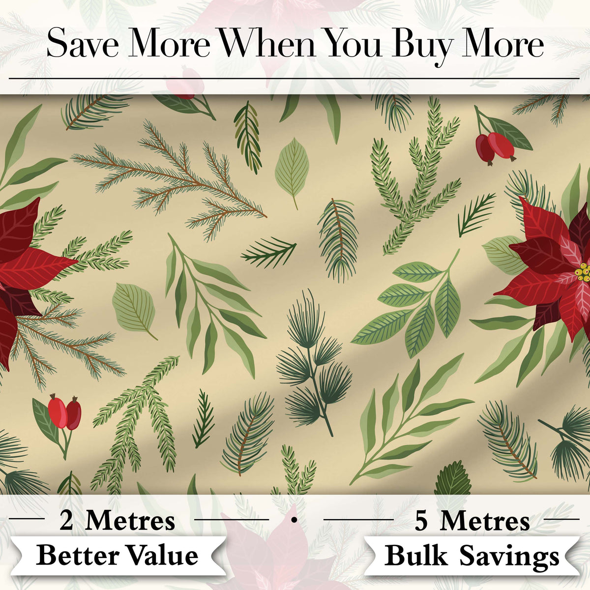 Minimal Christmas Botanical Leaves Pine Branches Festive Holiday Design Digital Print Fabric by the Metre UK Sewing Quilting Textile