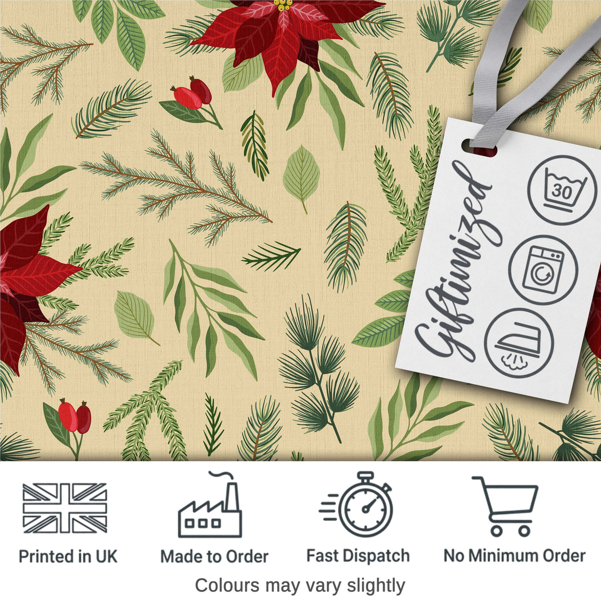 Minimal Christmas Botanical Leaves Pine Branches Festive Holiday Design Digital Print Fabric by the Metre UK Sewing Quilting Textile