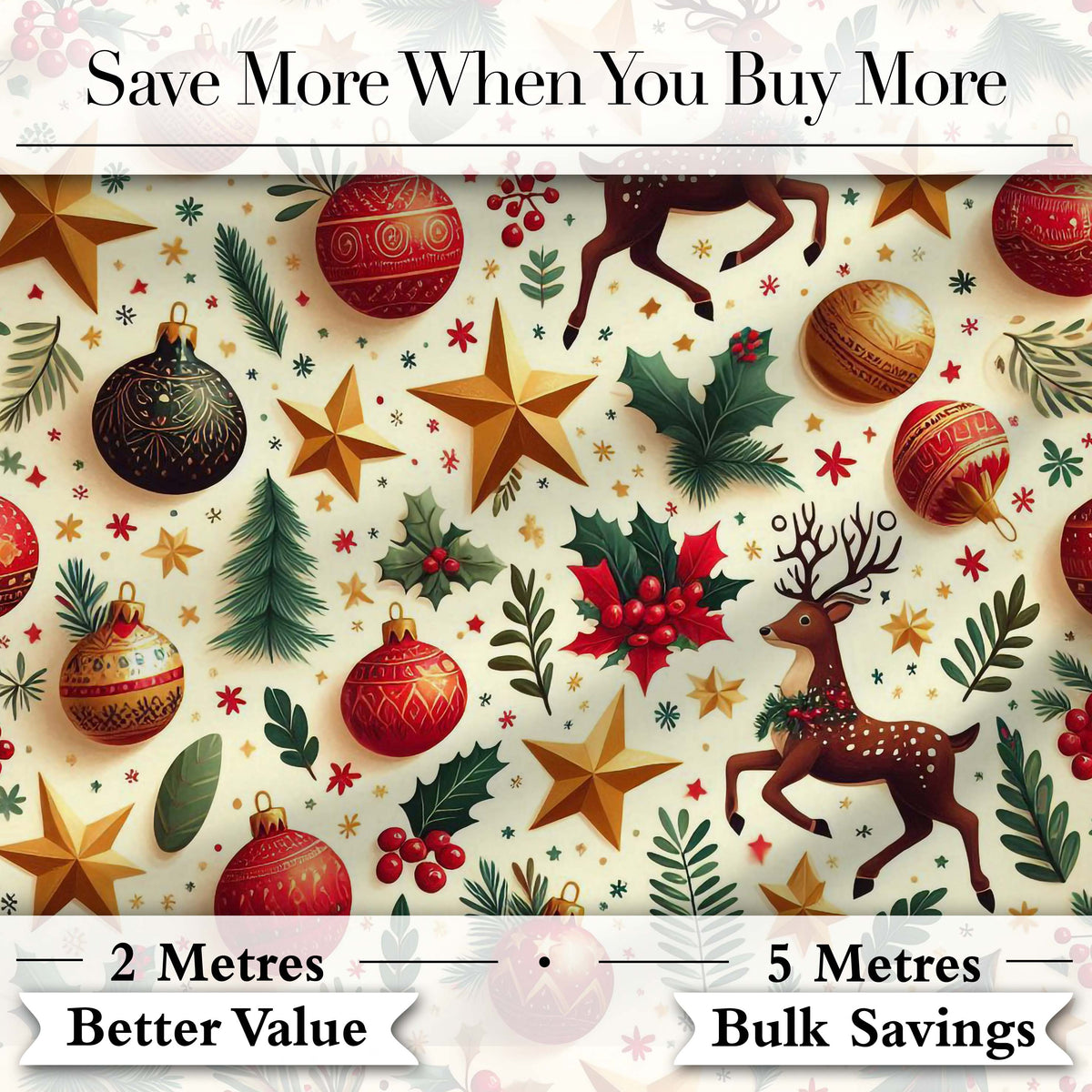 Festive Reindeer Stars Baubles Holly Seamless Pattern Christmas Holiday Design Digital Print Fabric by the Metre UK Sewing Quilting Textile