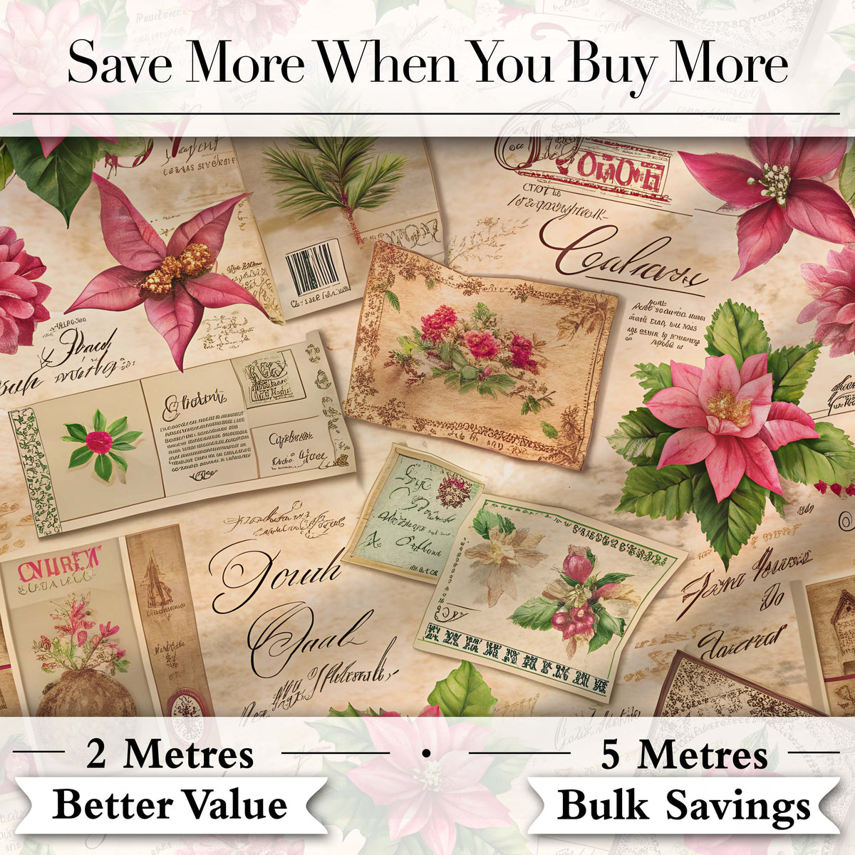 Vintage Christmas Letters Poinsettia Floral Collage Festive Holiday Design Digital Print Fabric by the Metre UK Sewing Quilting Textile