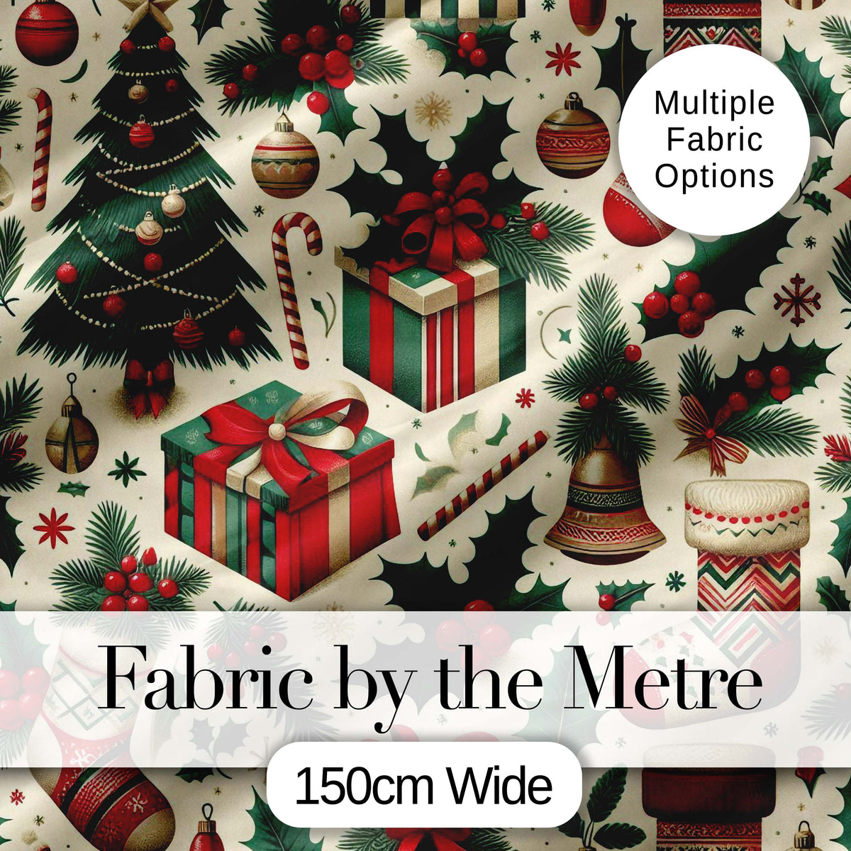 Christmas Gift Boxes Candy Cane Holly Stockings Festive Holiday Design Digital Print Fabric by the Metre UK Sewing Quilting Textile