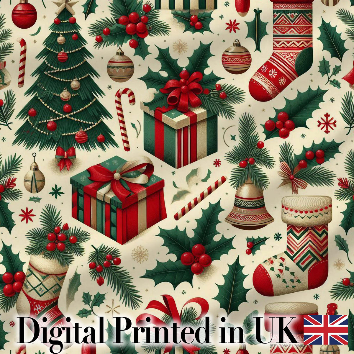 Christmas Gift Boxes Candy Cane Holly Stockings Festive Holiday Design Digital Print Fabric by the Metre UK Sewing Quilting Textile