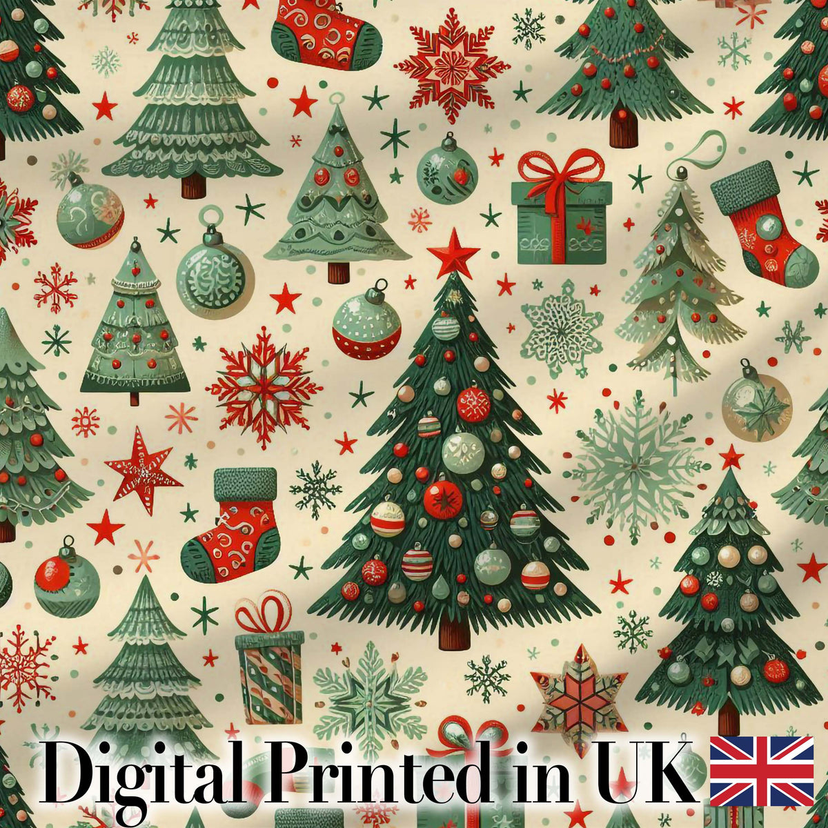 Cute Christmas Trees Stockings Snowflakes Festive Holiday Design Digital Print Fabric by the Metre UK Sewing Quilting Textile