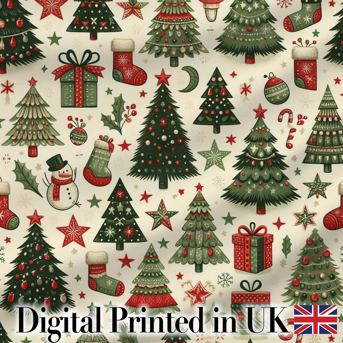 Elegant Christmas Trees Baubles Stars Seamless Pattern Festive Holiday Design Digital Print Fabric by the Metre UK Sewing Quilting Textile