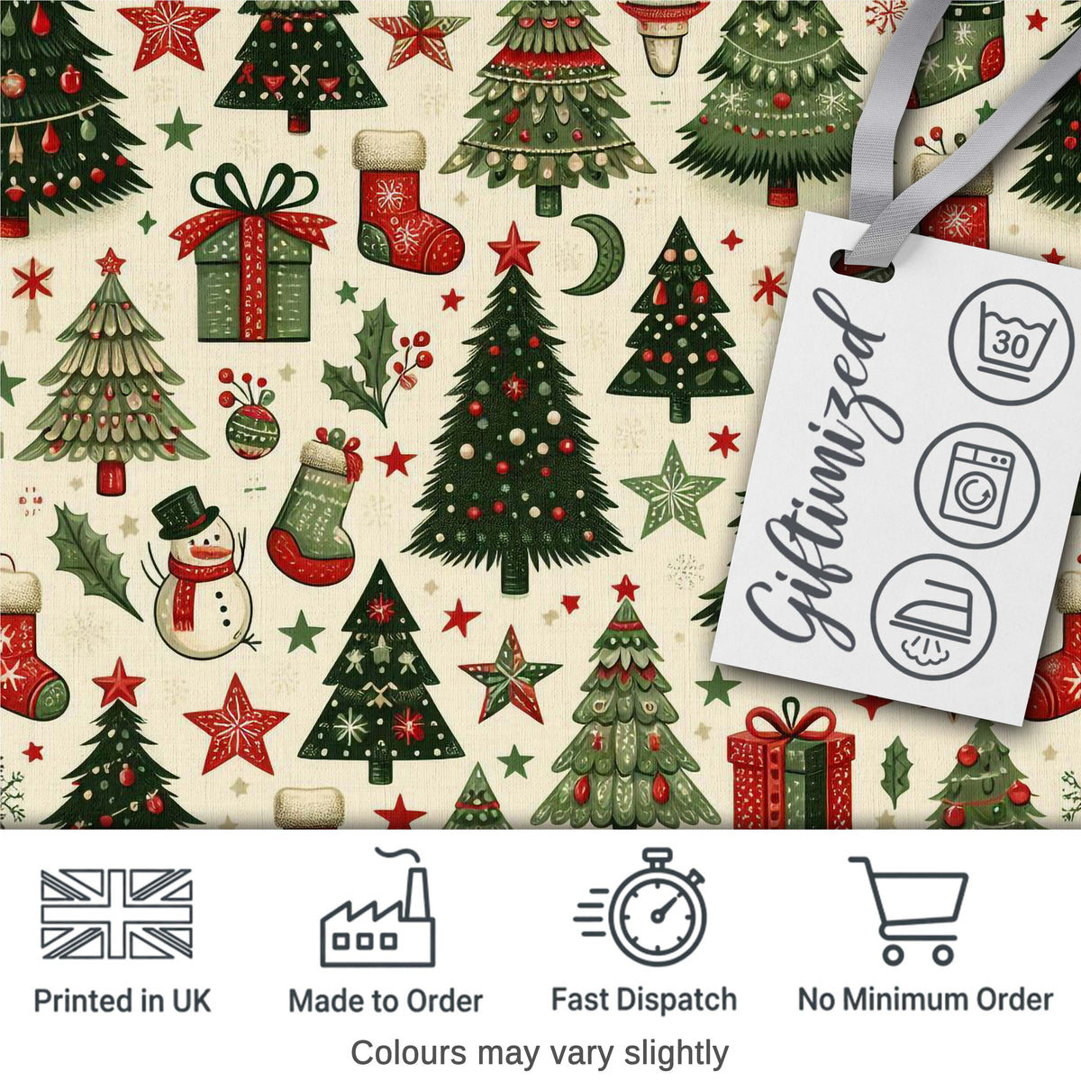 Elegant Christmas Trees Baubles Stars Seamless Pattern Festive Holiday Design Digital Print Fabric by the Metre UK Sewing Quilting Textile