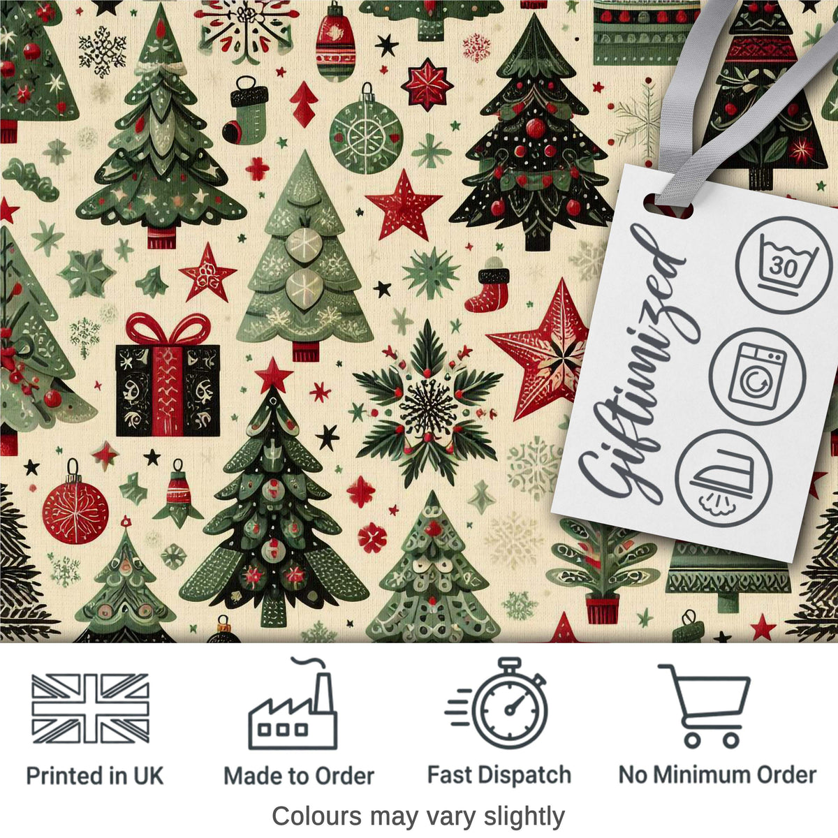 Christmas Trees Stars Gifts Ornaments Seamless Pattern Holiday Design Digital Print Fabric by the Metre UK Sewing Quilting Textile