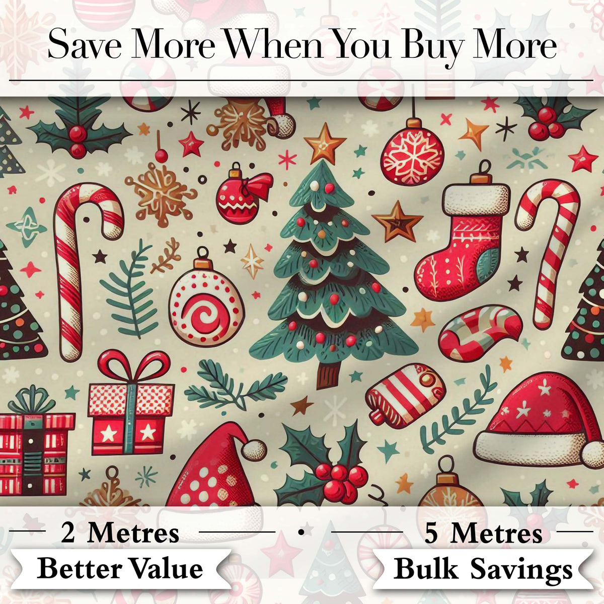 Christmas Tree Candy Cane Baubles Seamless Pattern Festive Holiday Design Digital Print Fabric by the Metre UK Sewing Quilting Textile