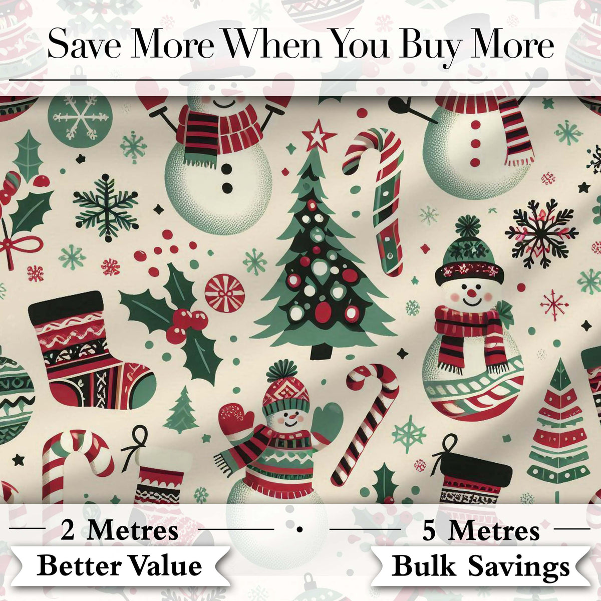 Cute Snowman Candy Cane Trees Seamless Pattern Festive Holiday Design Digital Print Fabric by the Metre UK Sewing Quilting Textile