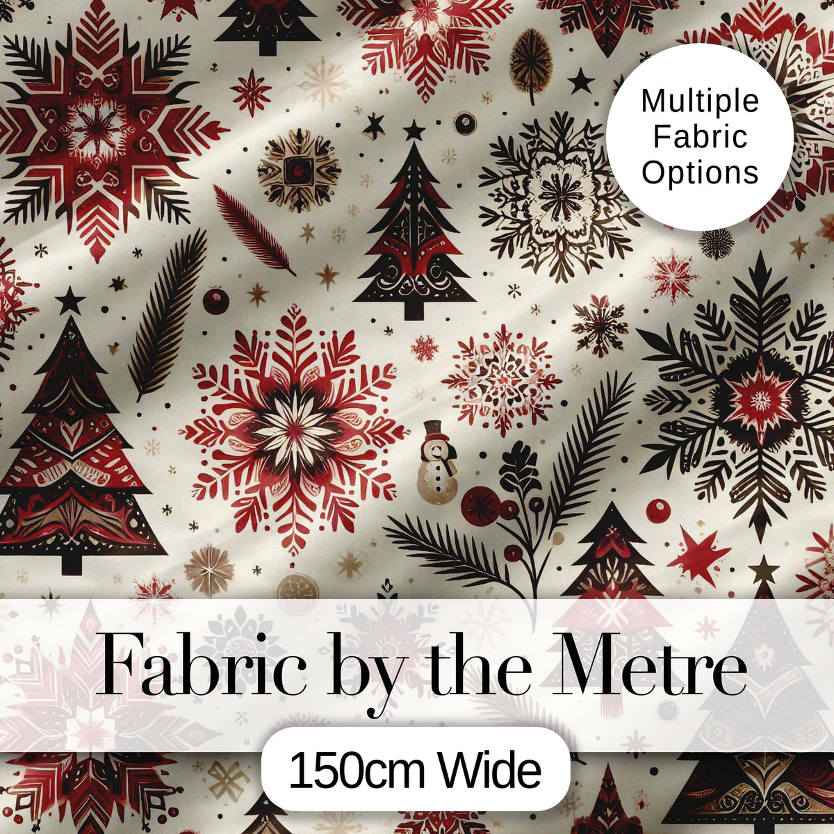 Red Black Snowflakes Christmas Trees Seamless Pattern Festive Holiday Design Digital Print Fabric by the Metre UK Sewing Quilting Textile