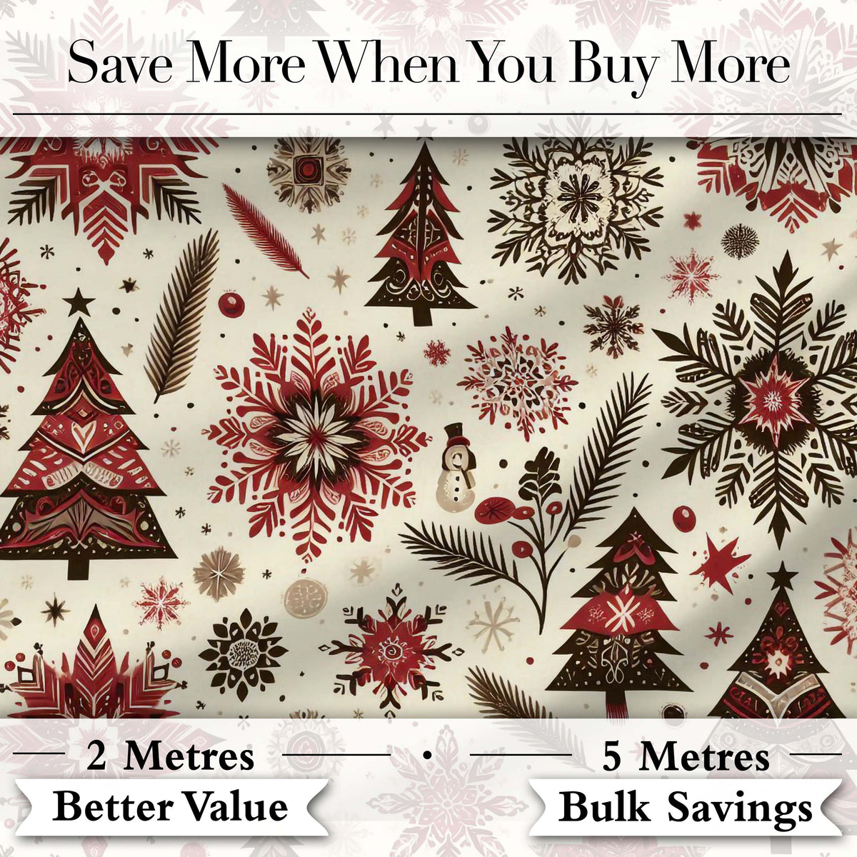 Red Black Snowflakes Christmas Trees Seamless Pattern Festive Holiday Design Digital Print Fabric by the Metre UK Sewing Quilting Textile