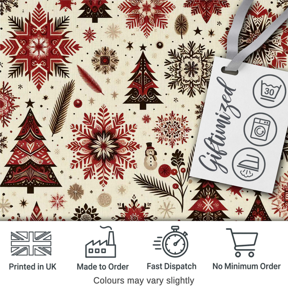 Red Black Snowflakes Christmas Trees Seamless Pattern Festive Holiday Design Digital Print Fabric by the Metre UK Sewing Quilting Textile