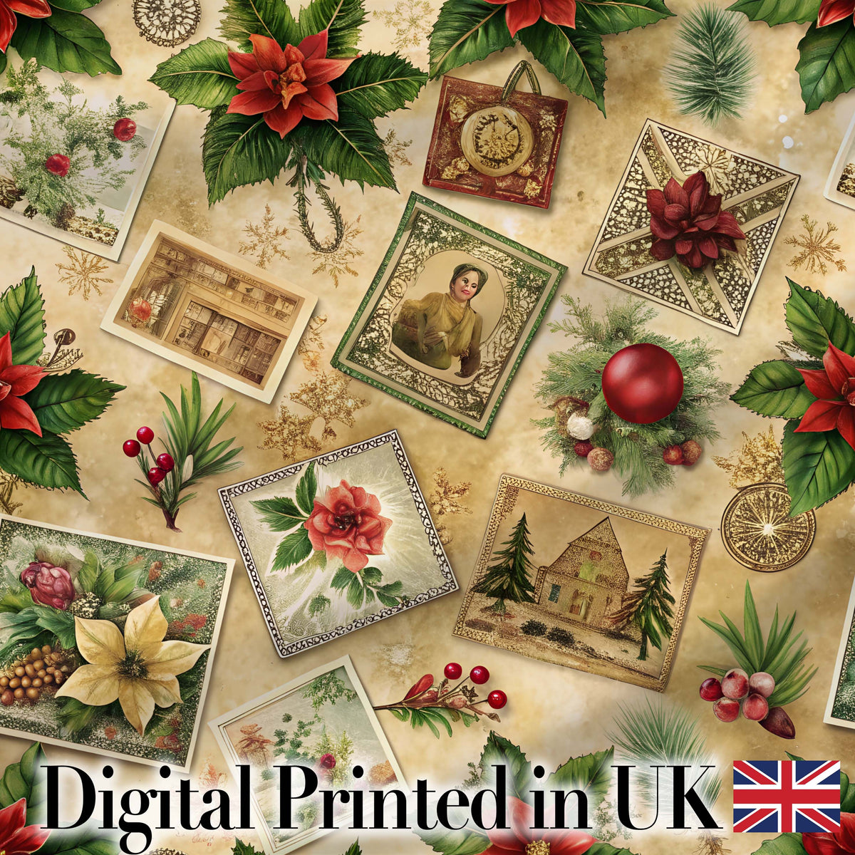Vintage Christmas Postcards Poinsettia Holly Antique Collage Seamless Pattern Digital Print Fabric by the Metre UK Sewing Quilting Textile
