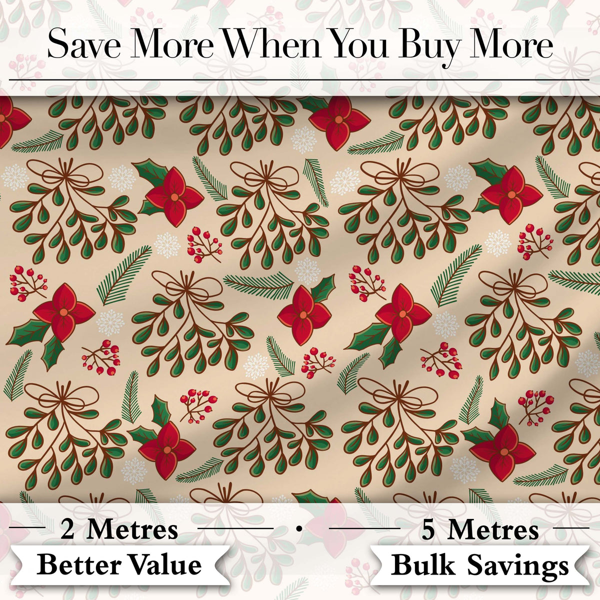 Festive Christmas Bows Holly Flowers Elegant Seamless Pattern Digital Print Fabric by the Metre UK Sewing Quilting Textile