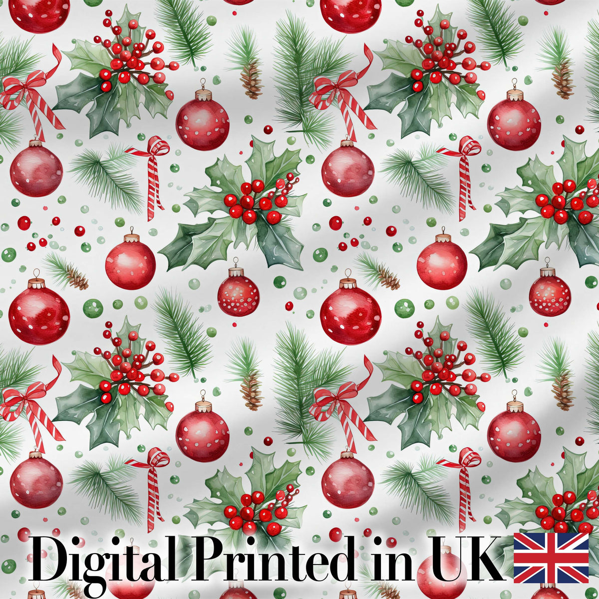 Watercolor Christmas Baubles Holly Pine Branches Seamless Pattern Digital Print Fabric by the Metre UK Sewing Quilting Textile
