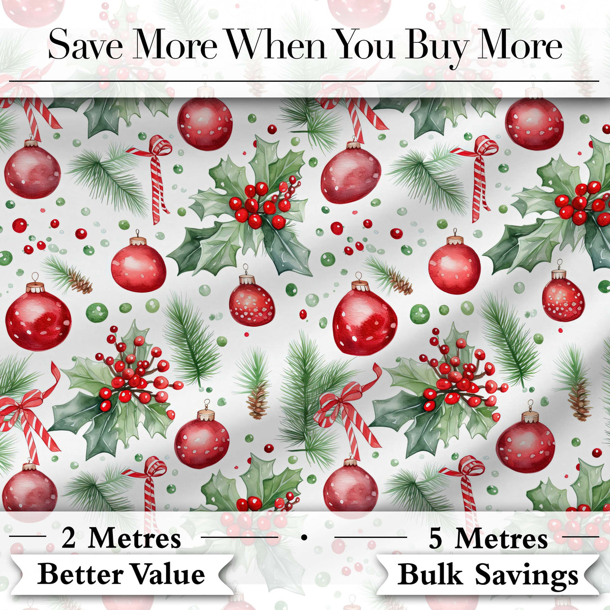 Watercolor Christmas Baubles Holly Pine Branches Seamless Pattern Digital Print Fabric by the Metre UK Sewing Quilting Textile