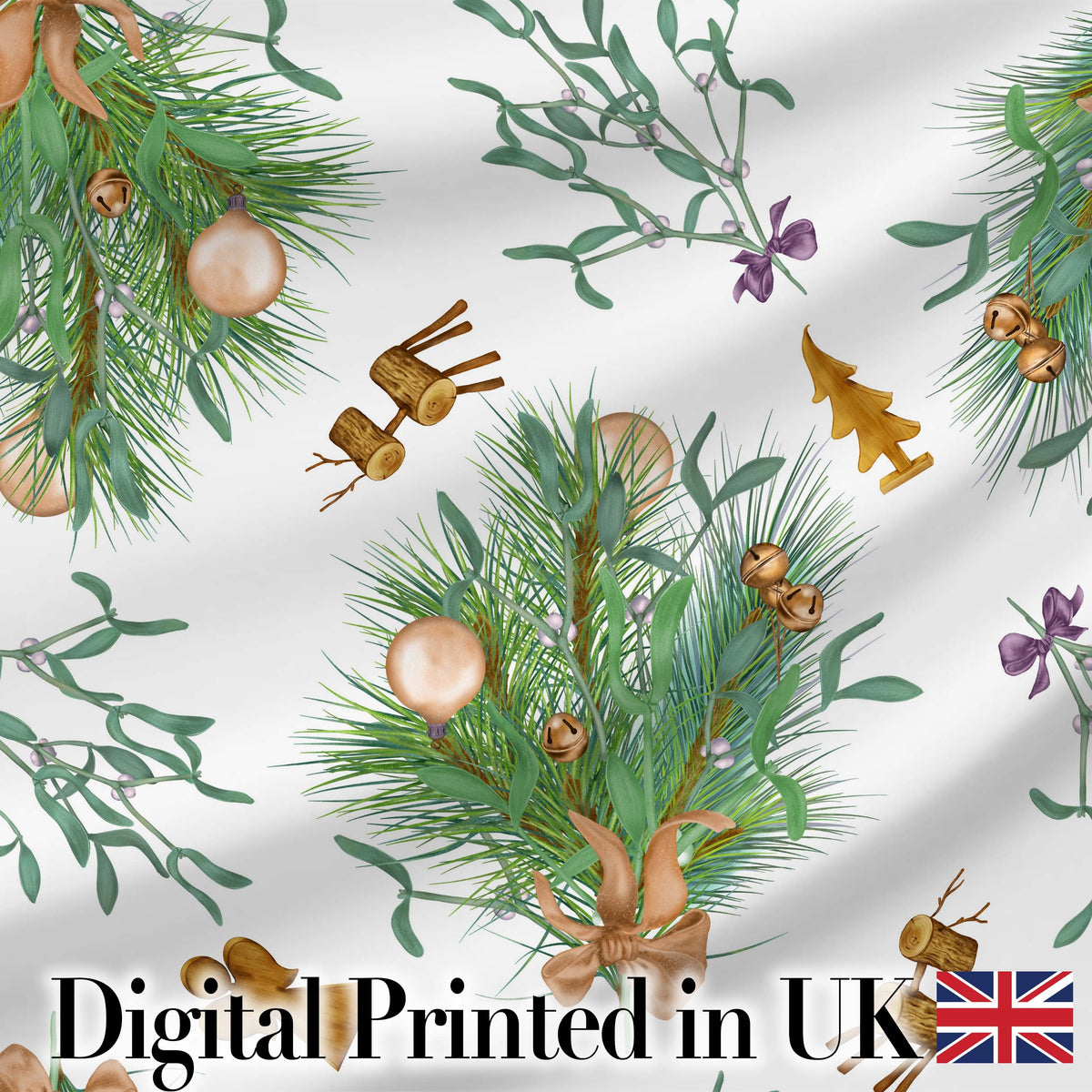 Elegant Christmas Pine Mistletoe Baubles Bells Seamless Pattern Digital Print Fabric by the Metre UK Sewing Quilting Textile
