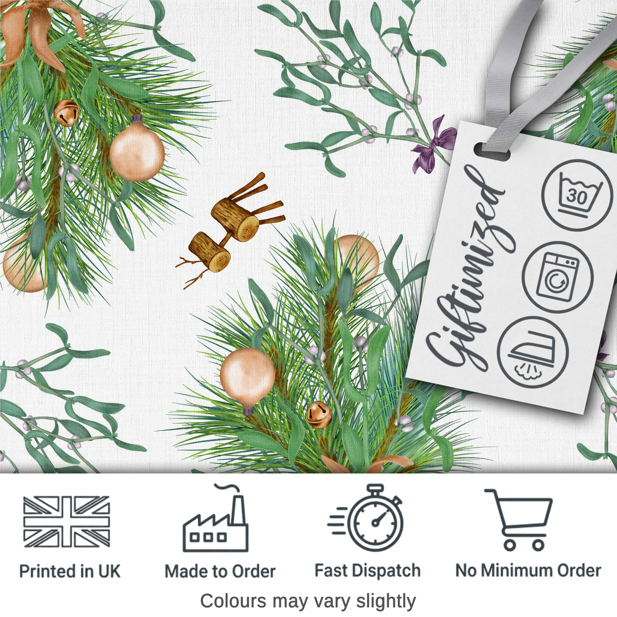 Elegant Christmas Pine Mistletoe Baubles Bells Seamless Pattern Digital Print Fabric by the Metre UK Sewing Quilting Textile