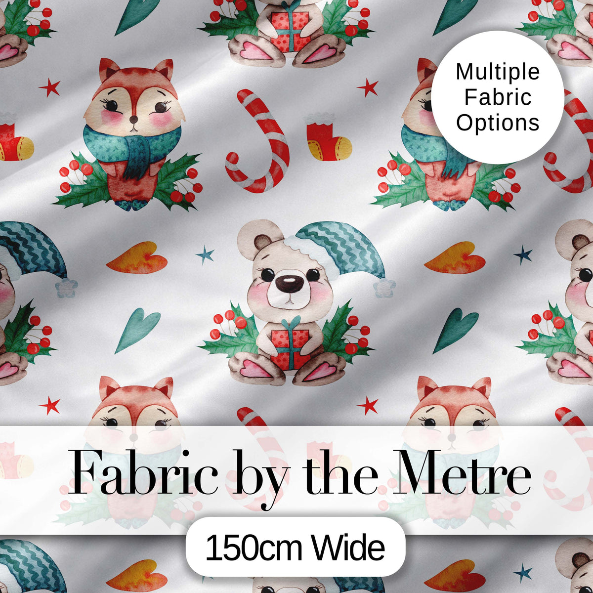 Cute Woodland Animals Bear Fox Christmas Theme Seamless Pattern Digital Print Fabric by the Metre UK Sewing Quilting Textile