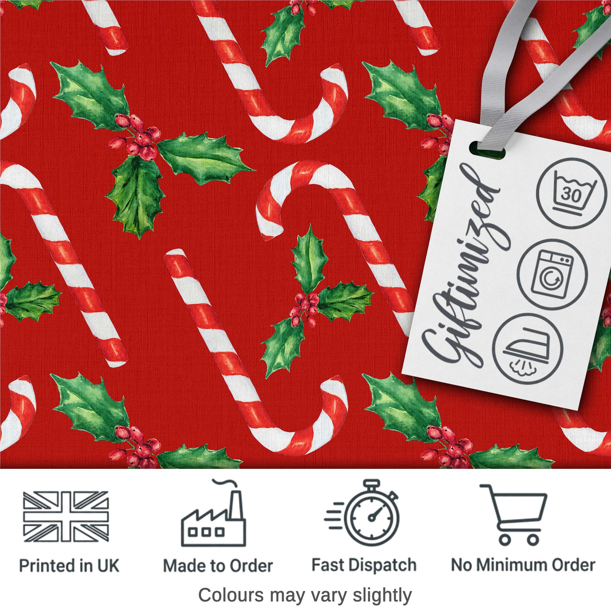 Festive Candy Cane Holly Red Background Seamless Pattern Digital Print Fabric by the Metre UK Sewing Quilting Textile