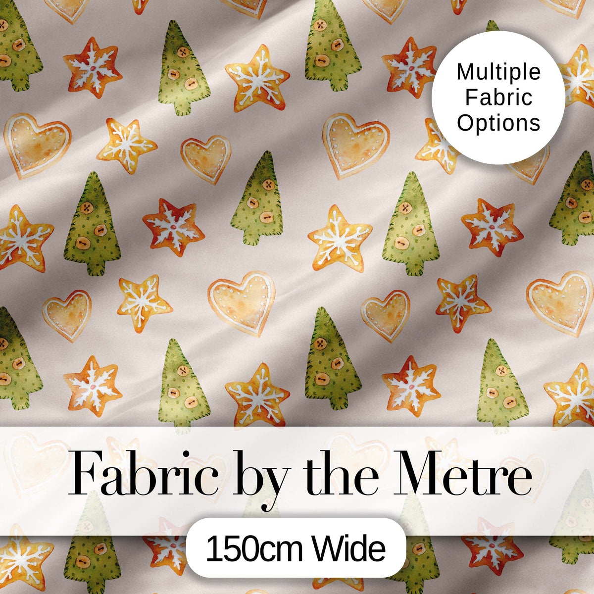 Watercolor Christmas Cookies Stars Hearts Trees Festive Seamless Pattern Digital Print Fabric by the Metre UK Sewing Quilting Textile
