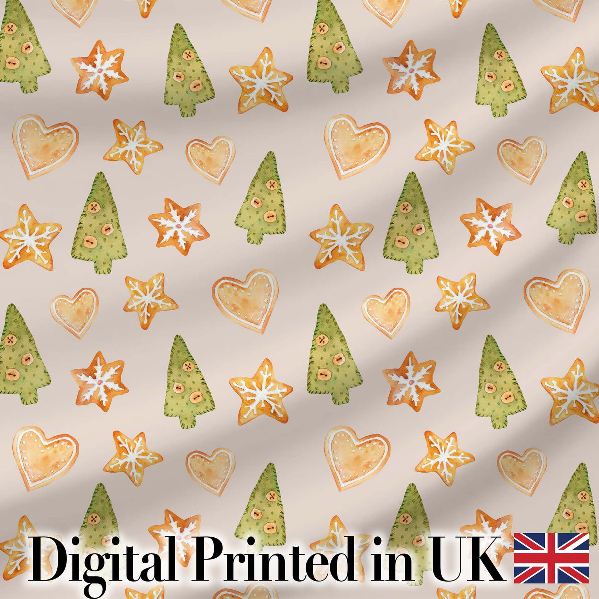 Watercolor Christmas Cookies Stars Hearts Trees Festive Seamless Pattern Digital Print Fabric by the Metre UK Sewing Quilting Textile