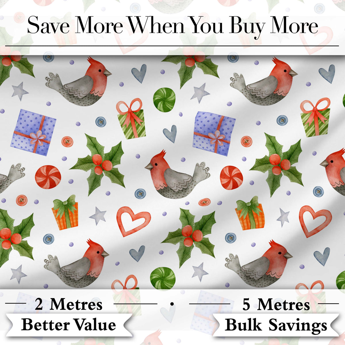 Cute Christmas Birds Gifts Holly Hearts Festive Watercolor Seamless Pattern Digital Print Fabric by the Metre UK Sewing Quilting Textile
