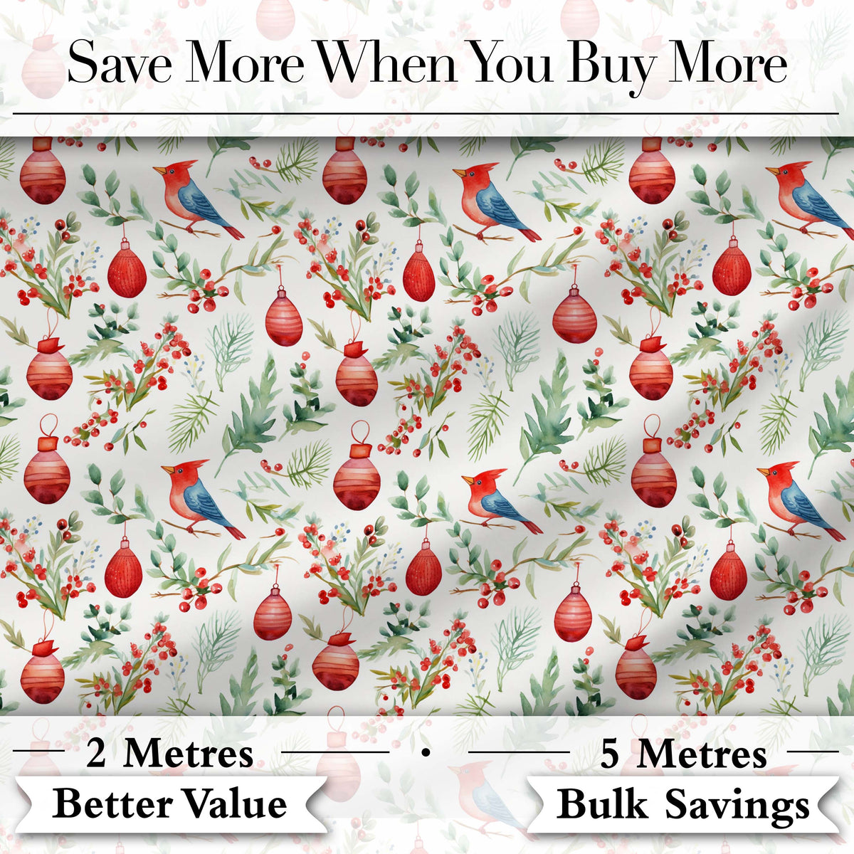 Watercolor Christmas Birds Baubles Holly Leaves Festive Seamless Pattern Digital Print Fabric by the Metre UK Sewing Quilting Textile