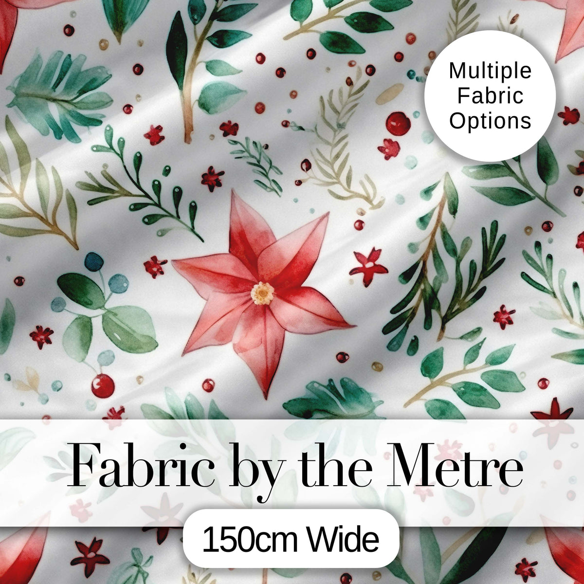 Delicate Christmas Poinsettia Leaves Botanical Watercolor Seamless Pattern Digital Print Fabric by the Metre UK Sewing Quilting Textile